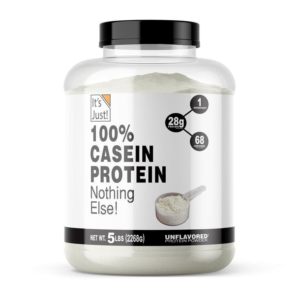 It's Just! casein protein bottle shows high-quality powder for post-workout recovery.
