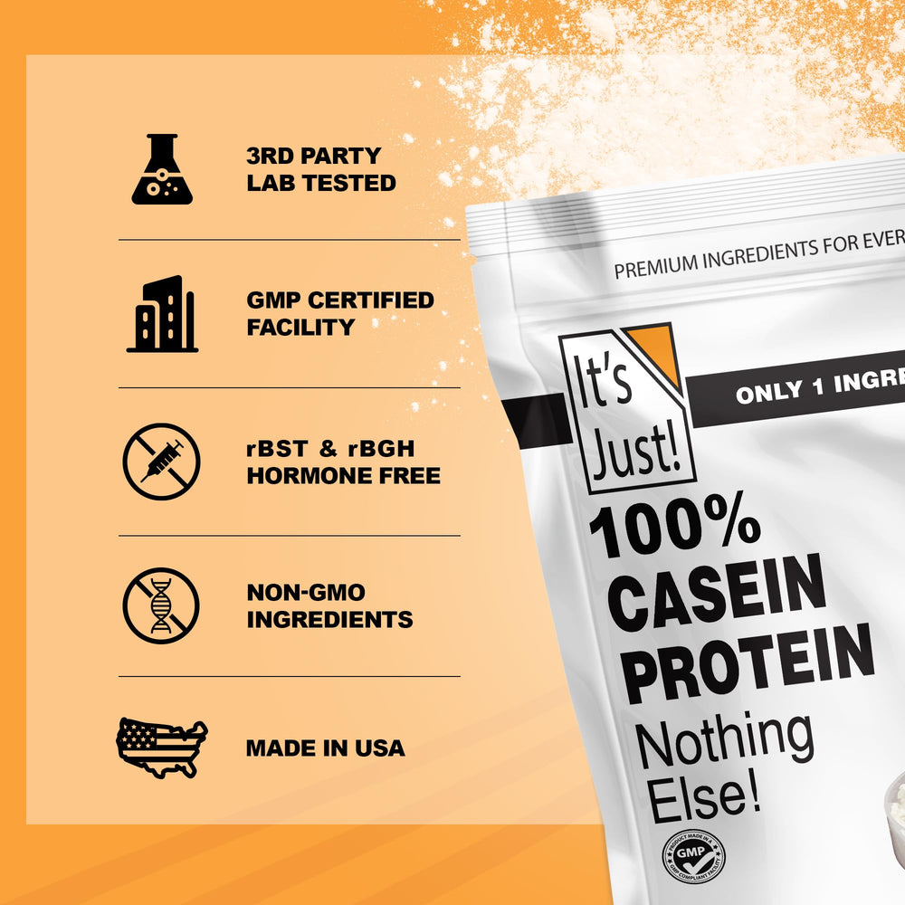 It's Just! casein powder in glass — smooth texture with unflavored versatility.