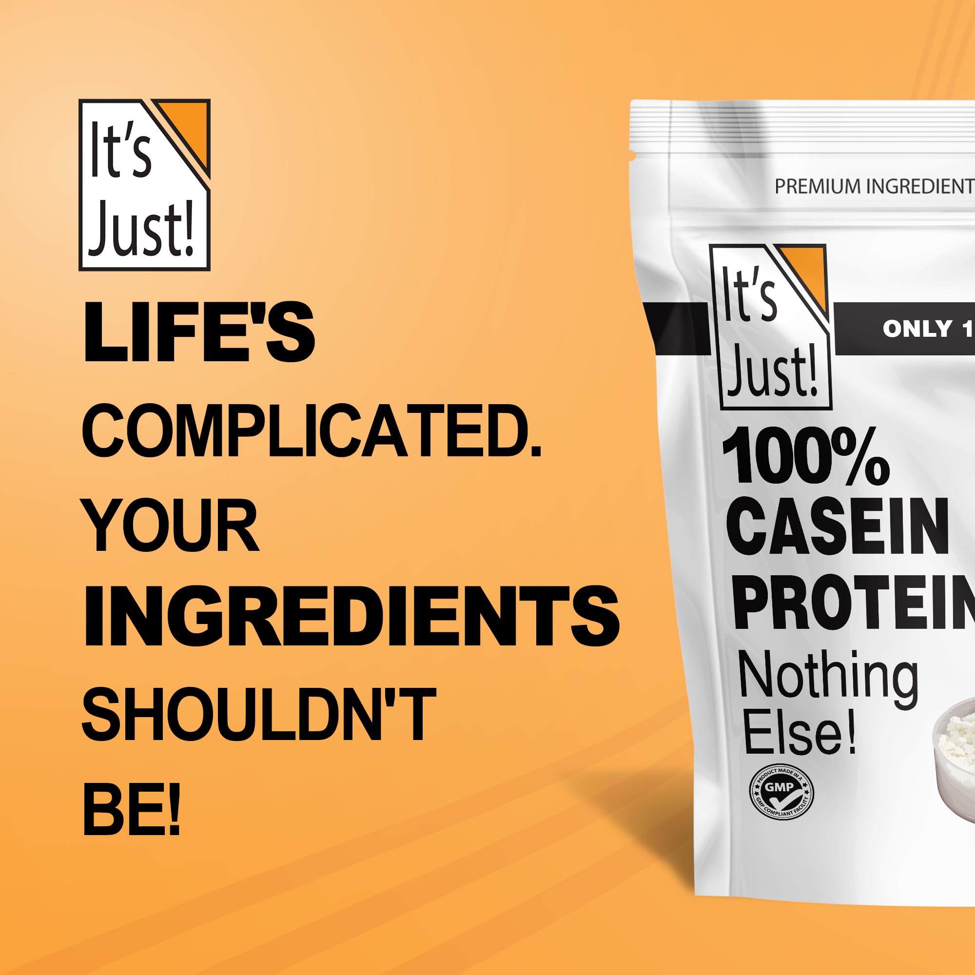 It's Just! casein powder with scoop — 28g protein per serving.