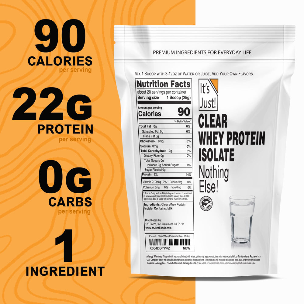 Its Just! Clear Whey Isolate powder poured into a glass for a clear shake.