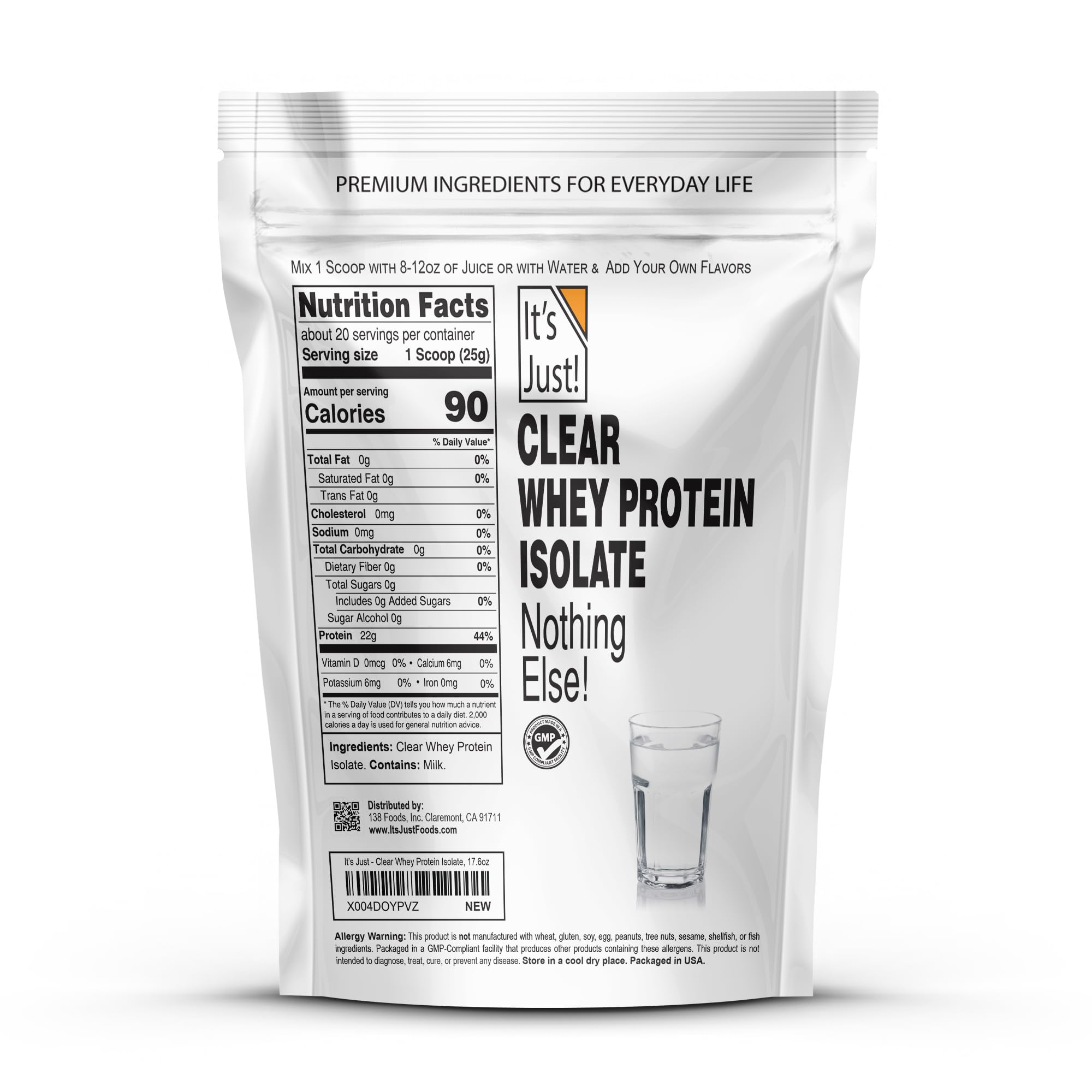 Its Just! Clear Whey Isolate scoop beside powder highlights easy measurement.