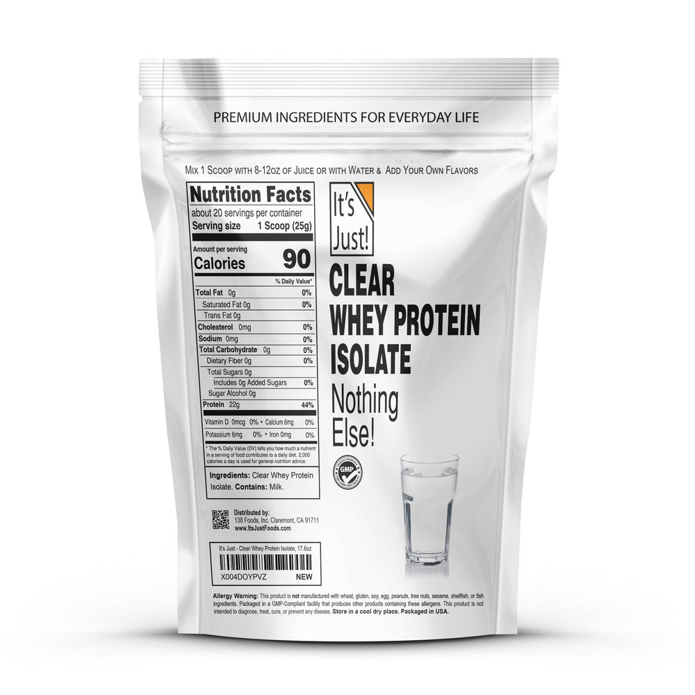 Its Just! Clear Whey Isolate scoop beside powder highlights easy measurement.