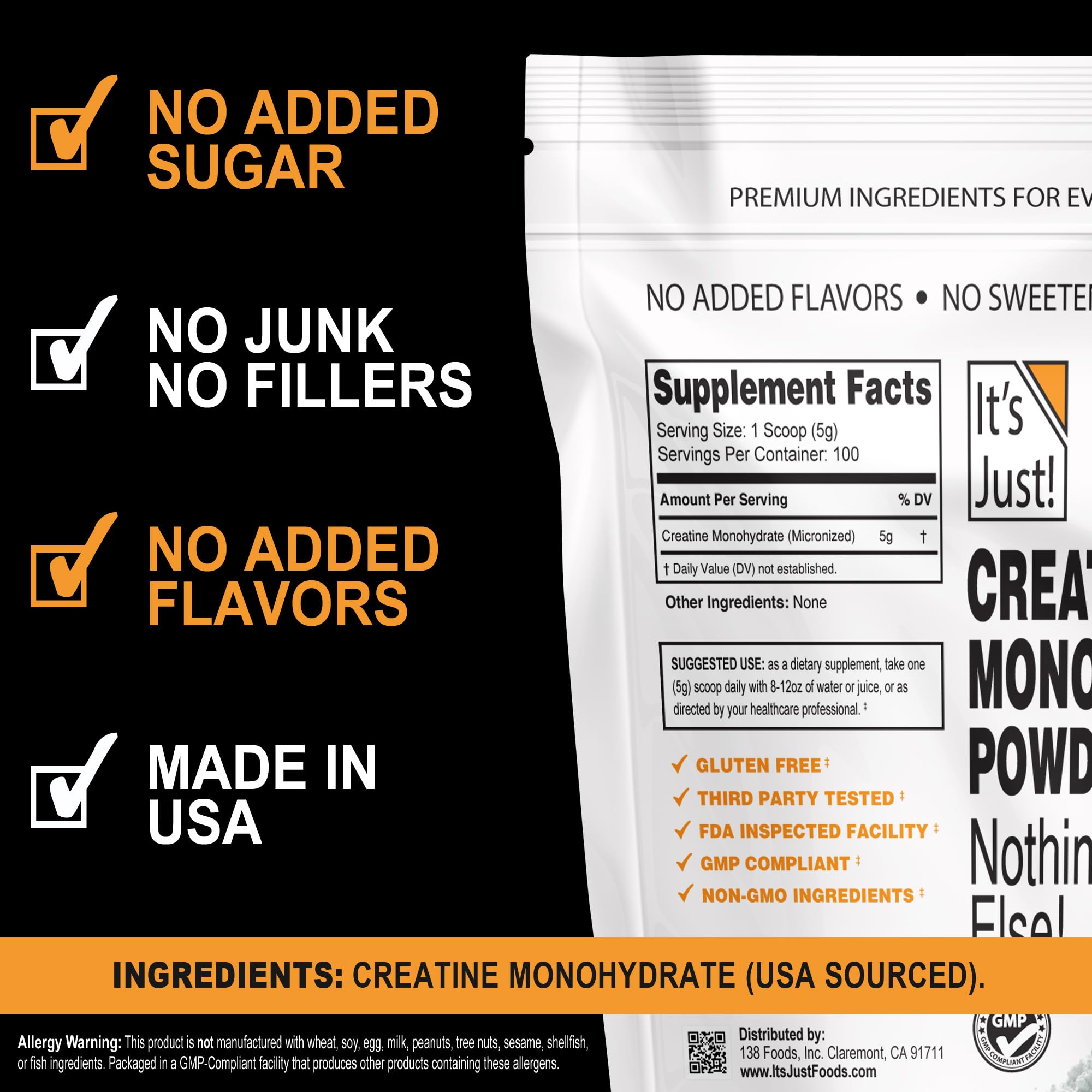 It's Just! Creatine Monohydrate Powder with 5g scoop for precise serving.