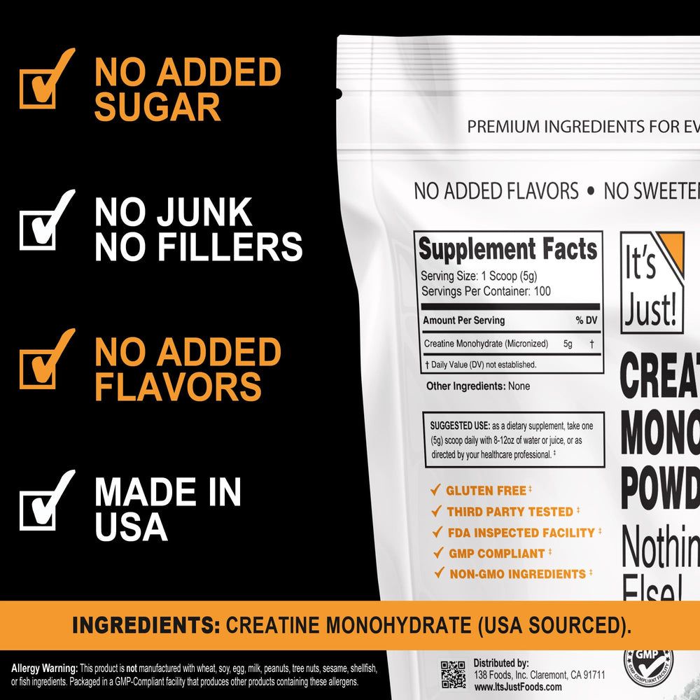 It's Just! Creatine Monohydrate Powder with 5g scoop for precise serving.