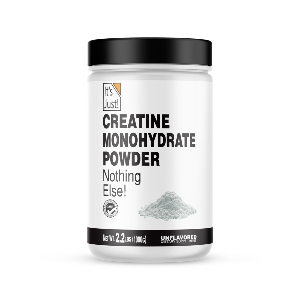 It's Just! bottle of creatine monohydrate powder shows USA-made quality for training.