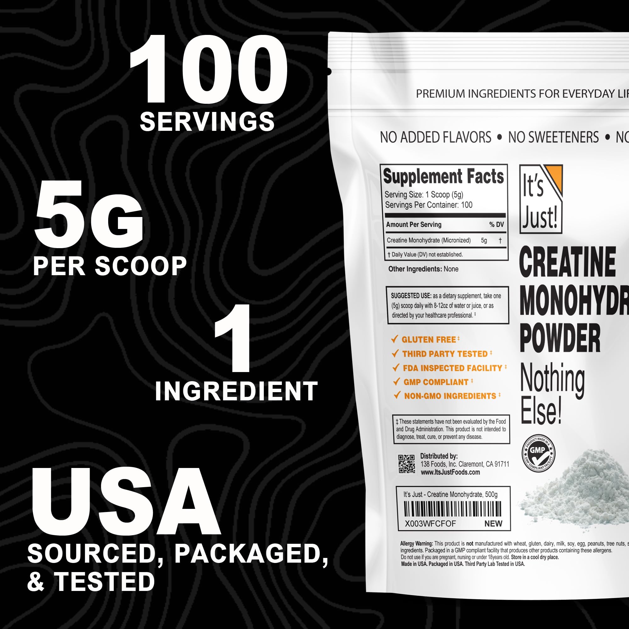 It's Just! Creatine Monohydrate Powder no fillers for a clean formula.
