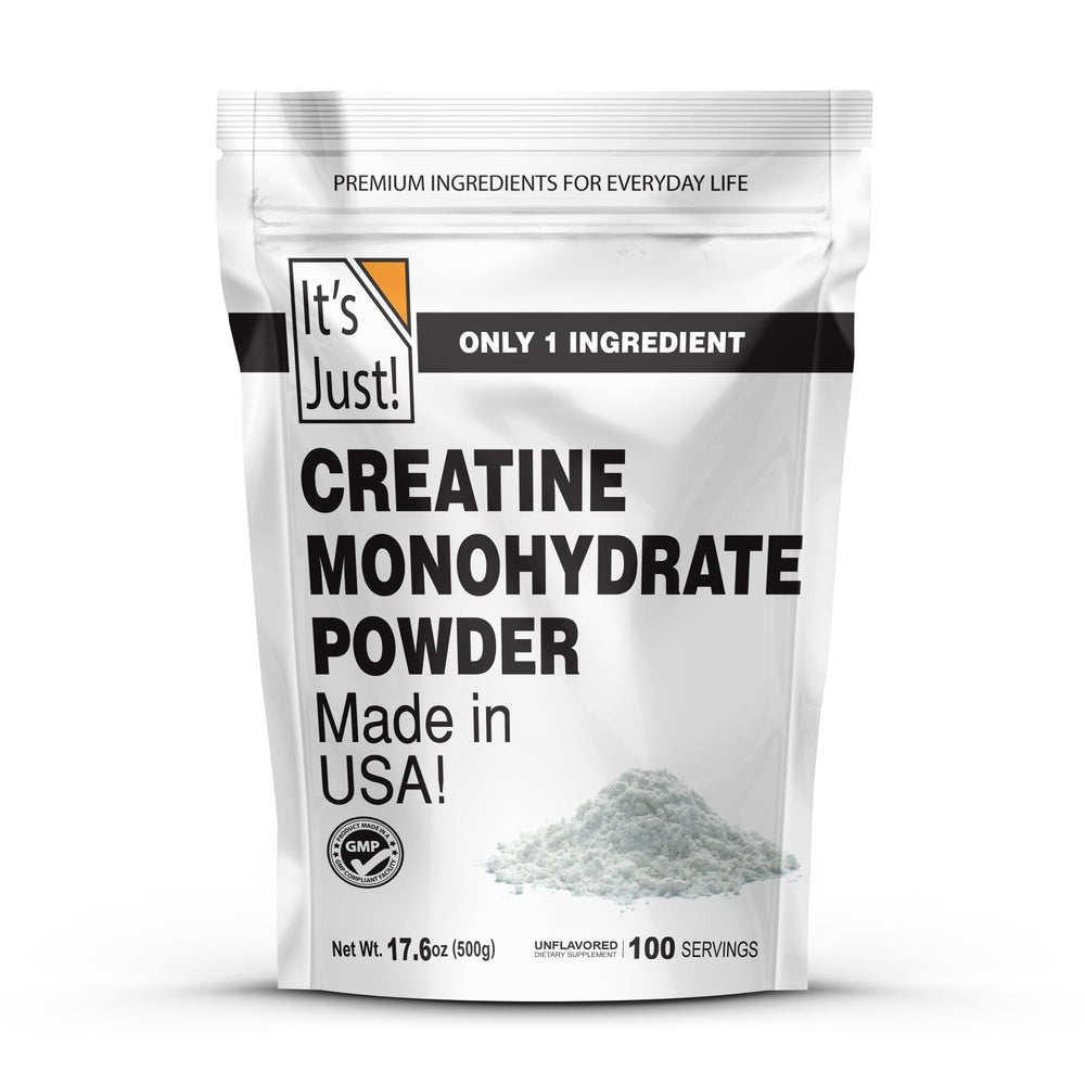 It's Just! Creatine Monohydrate Powder unflavored bottle for versatile daily mixing.