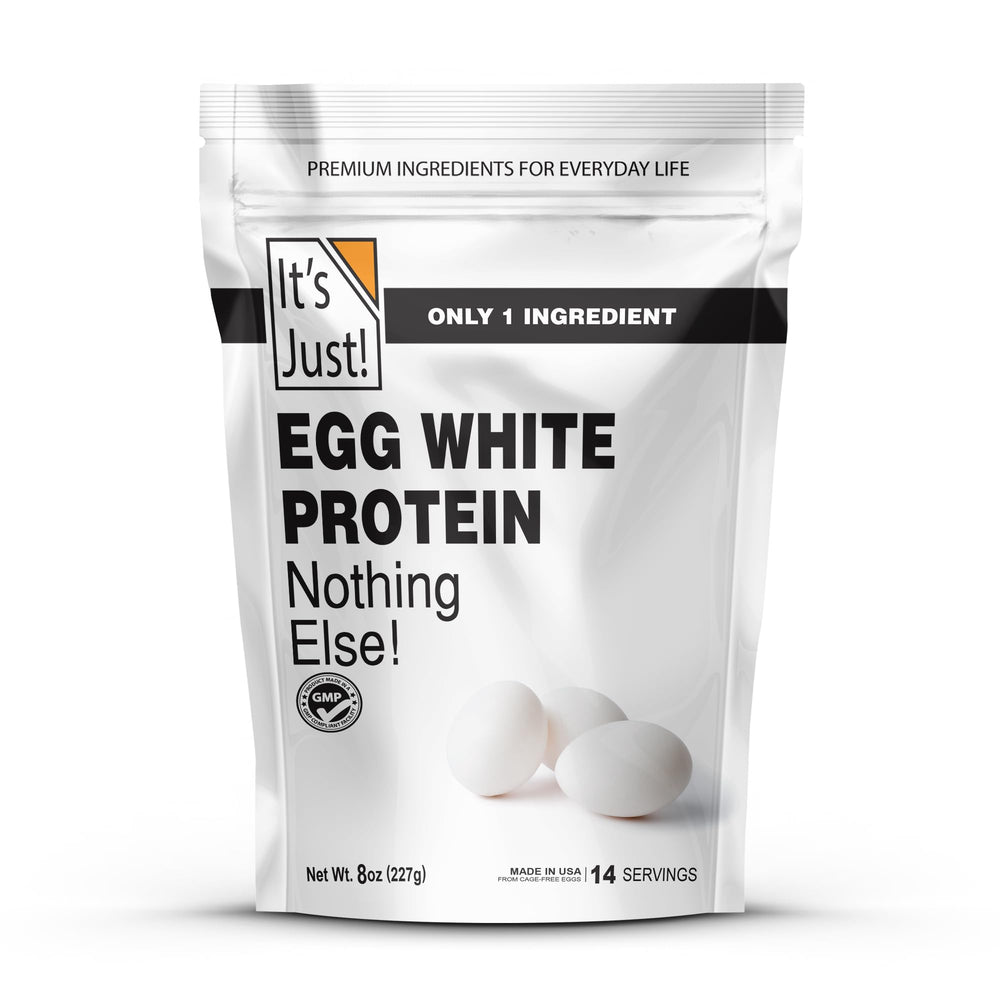 It's Just! egg white powder bottle shows pure protein for versatile shakes