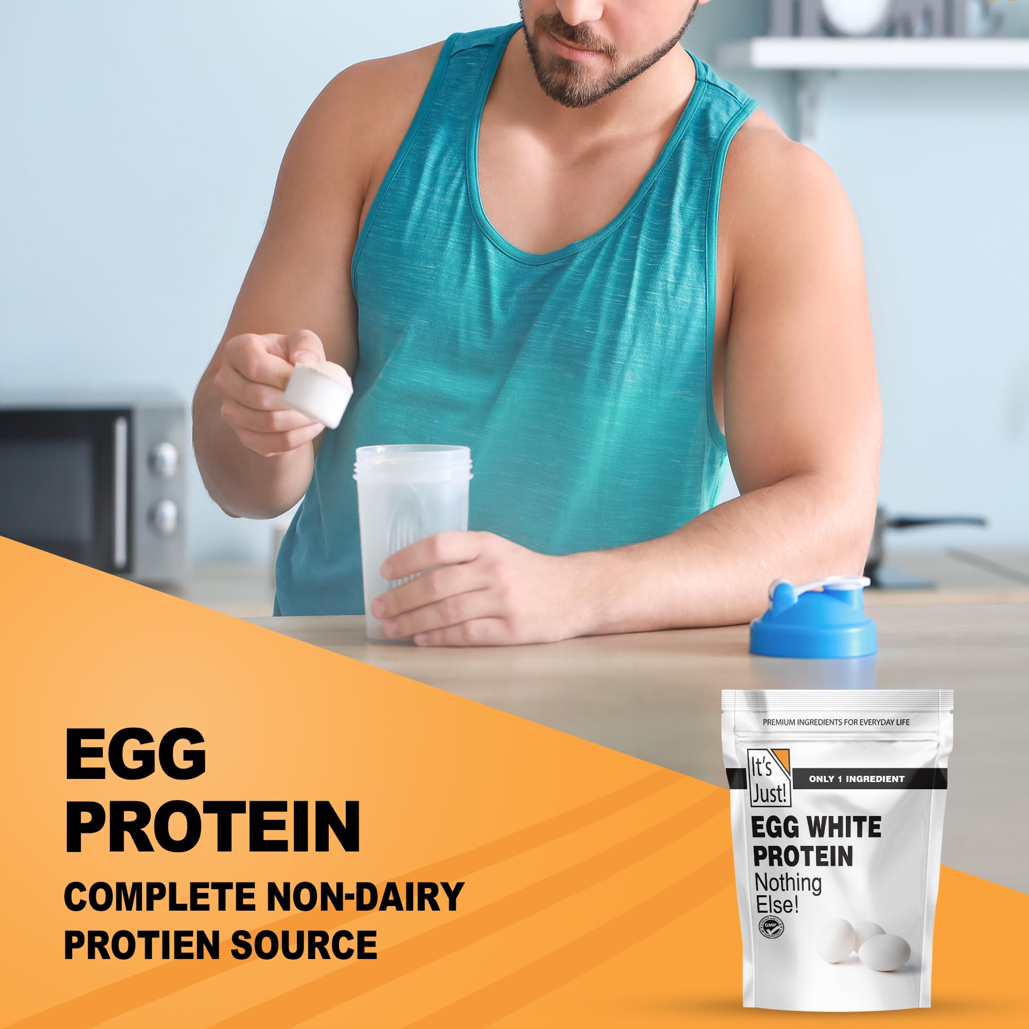 It's Just! egg white powder pouring demonstrates easy recipe prep