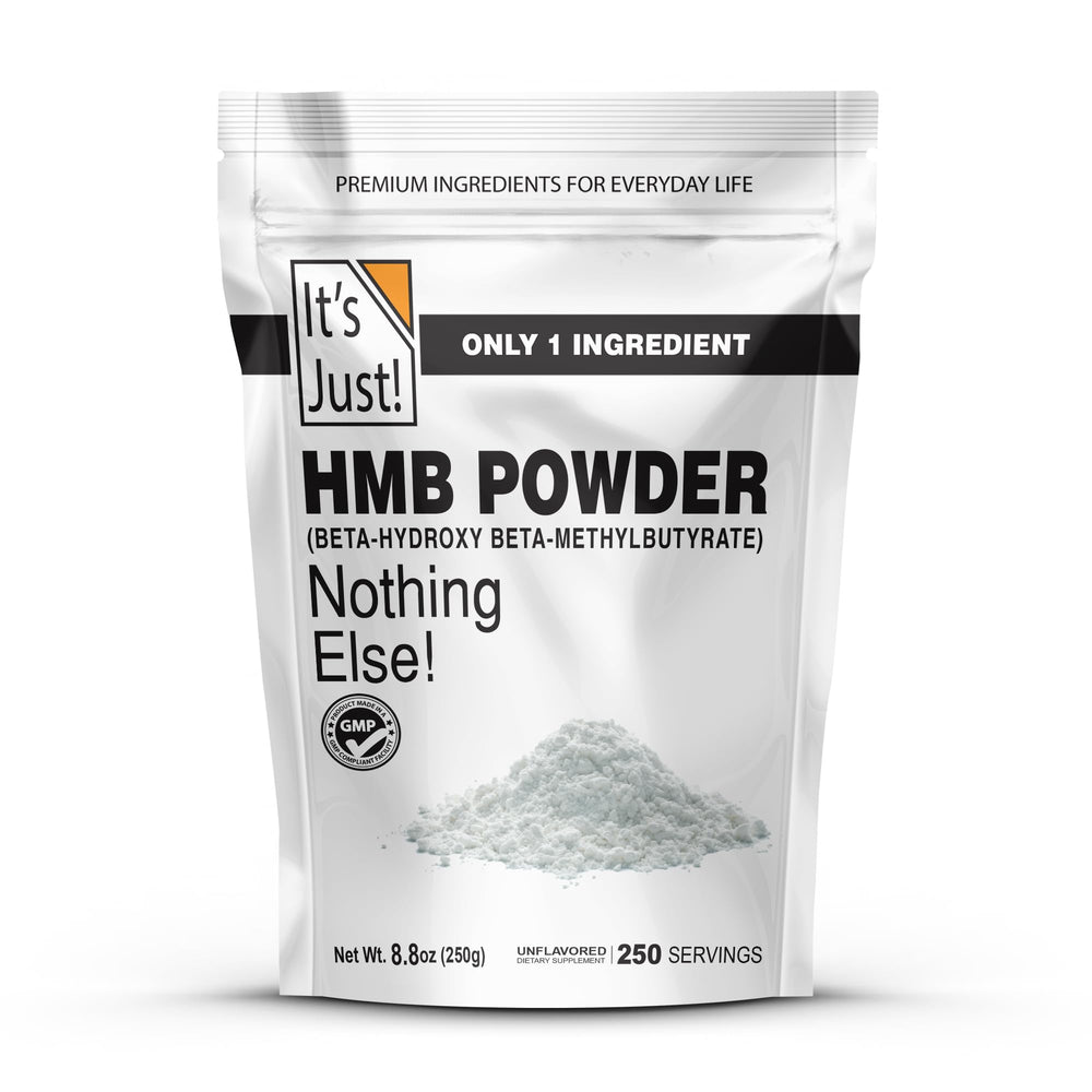 It's Just! HMB powder bottle close-up highlighting pure unflavored formula for easy mixing