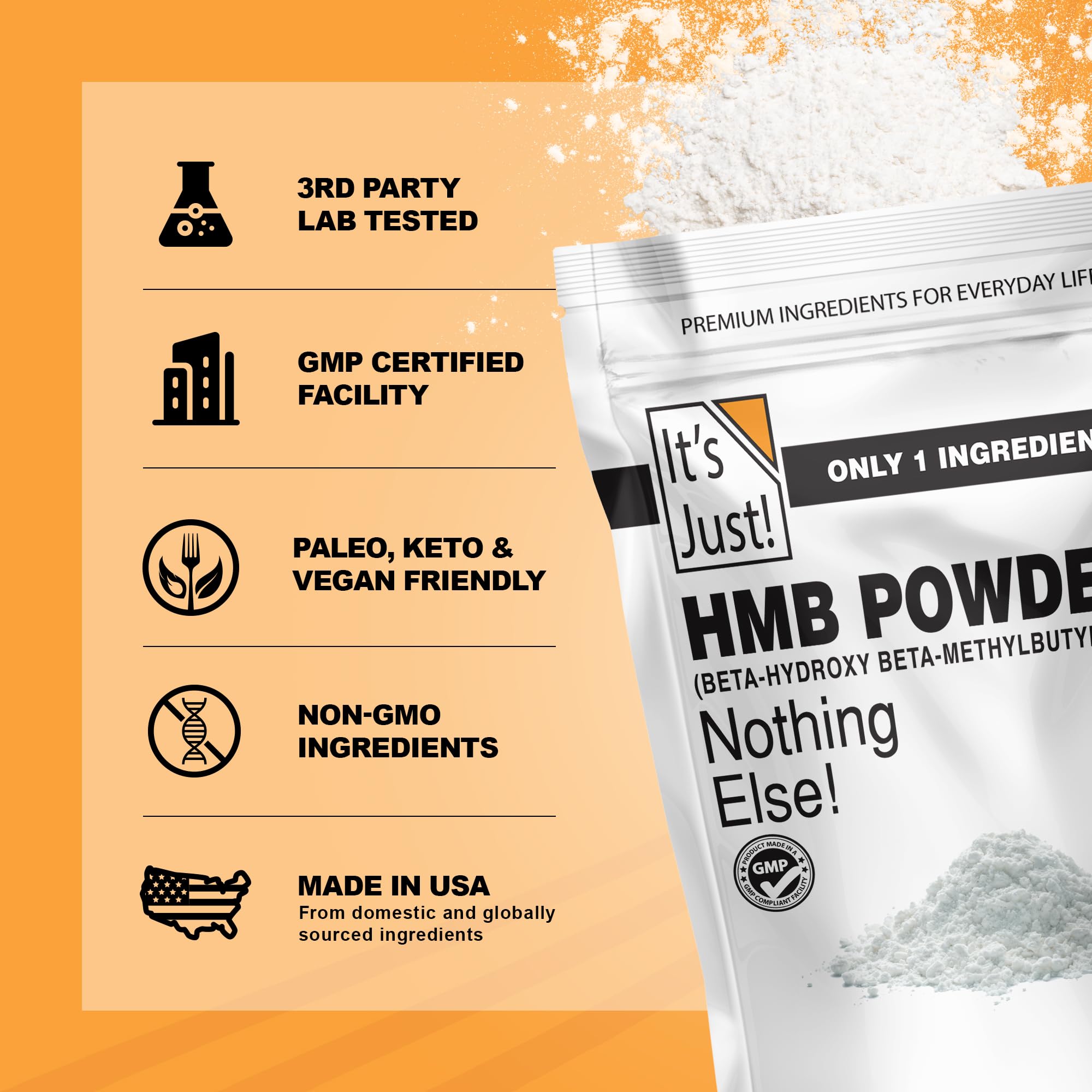It's Just! HMB powder setup in kitchen with measuring spoon