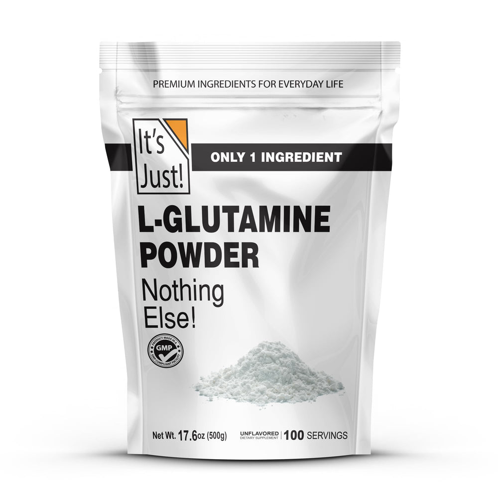 It's Just! L-Glutamine bottle close-up shows pure, unflavored powder for versatile use