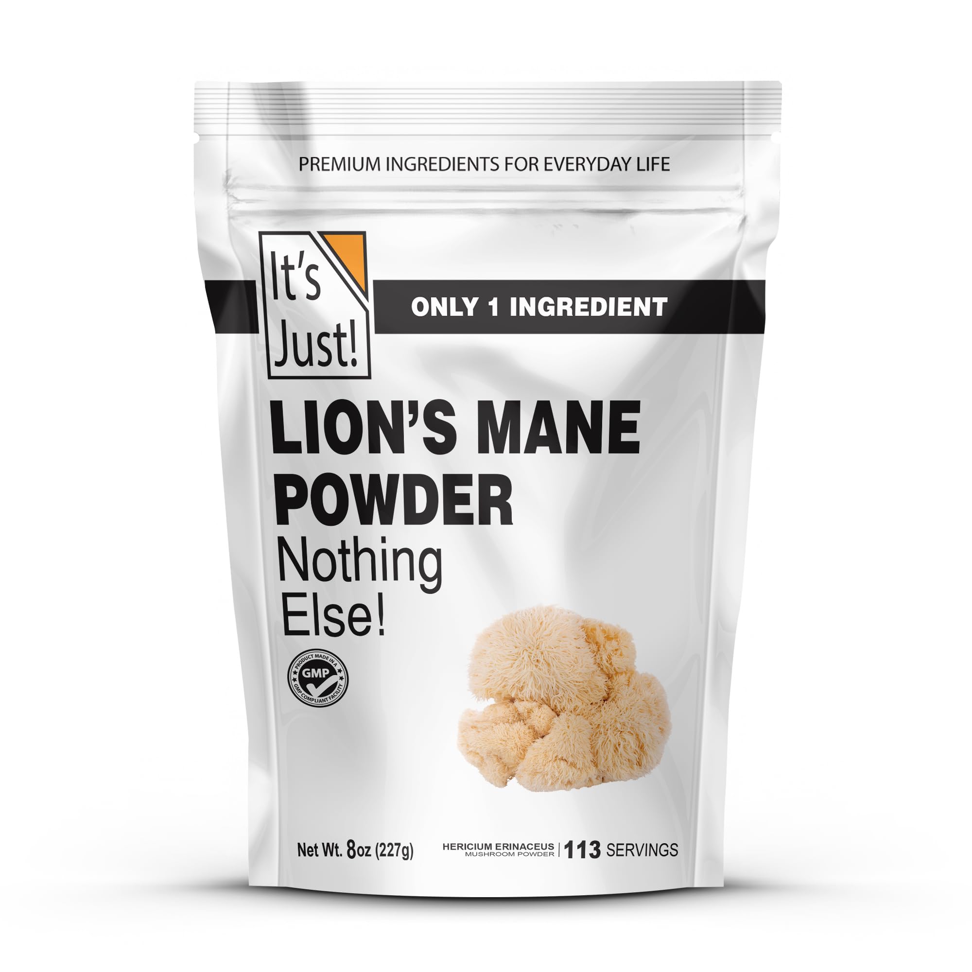 It's Just! Lion's Mane powder jar closeup highlights pure, non-GMO formula for daily mental clarity.