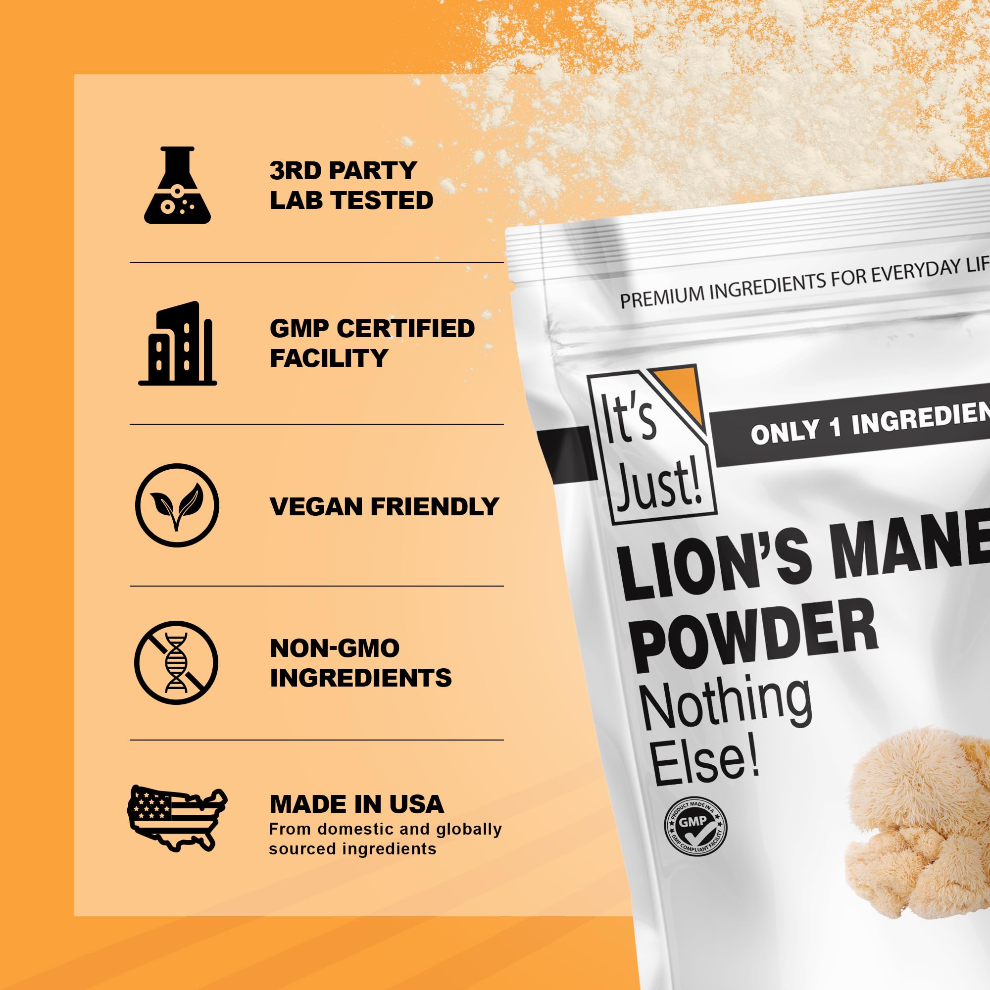 It's Just! Lion's Mane powder measured with spoon for simple mixing.
