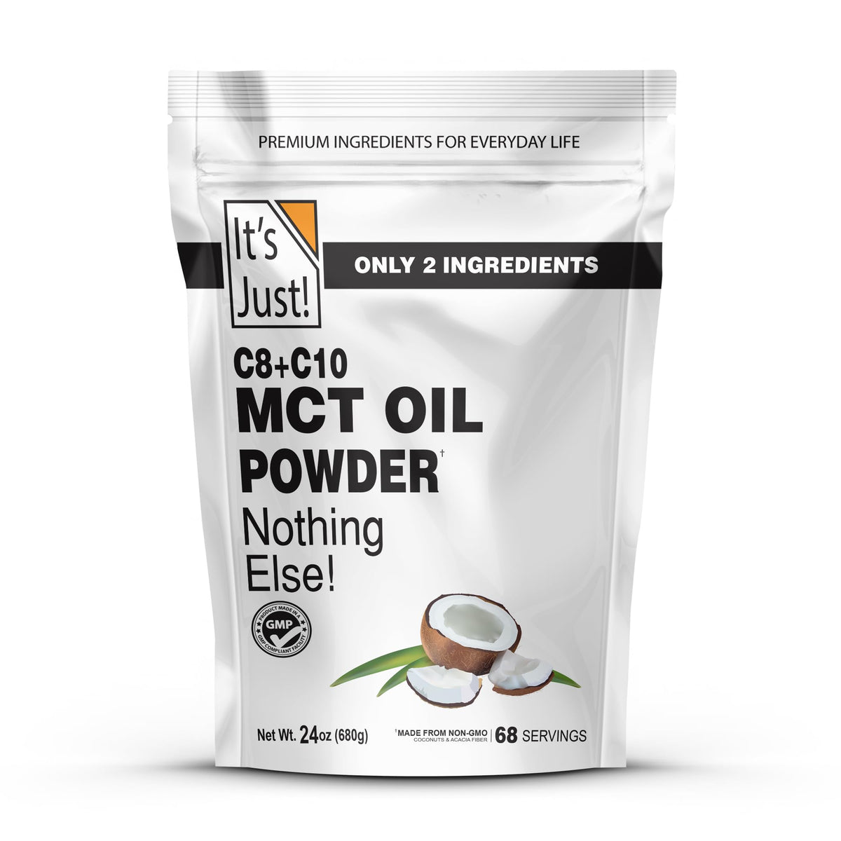 Its Just MCT Oil Powder bottle shows hexane-free energy for keto or active days