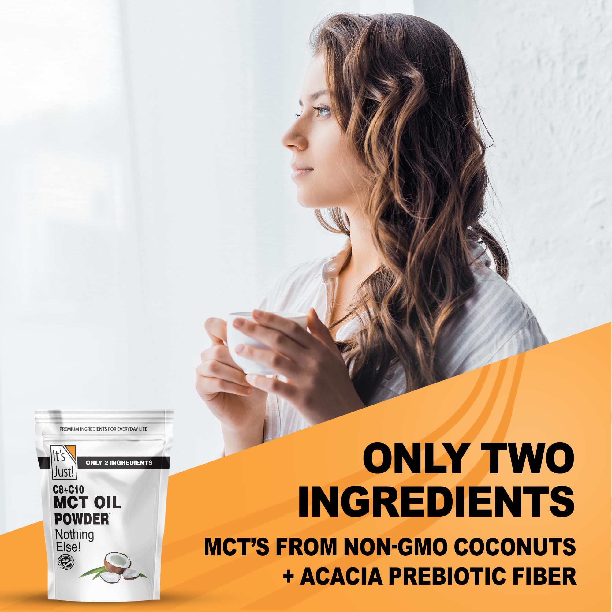 Its Just MCT Oil Powder ingredients label highlights Acacia fiber and coconut origin