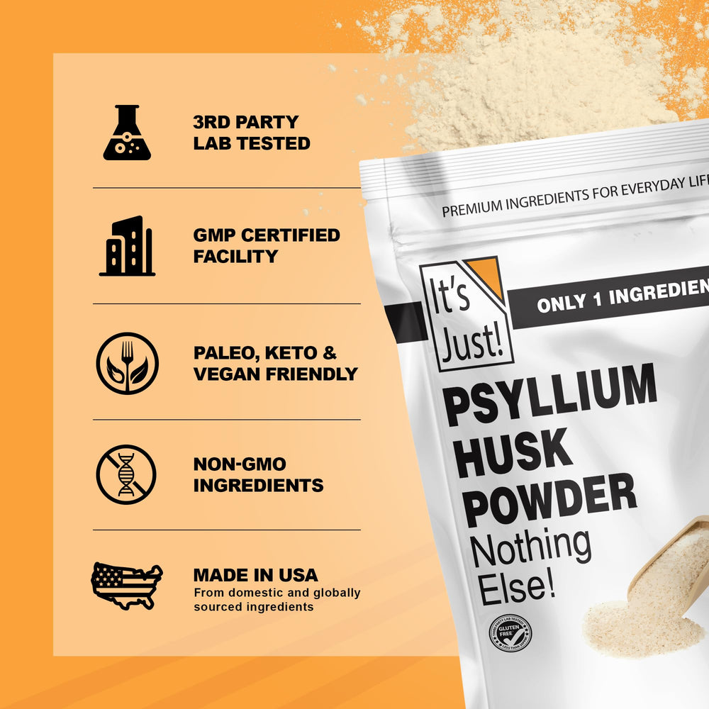 It's Just! psyllium husk powder in keto baking setup highlighting binder function