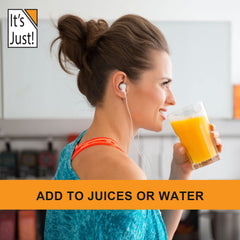 It's Just! Vitamin C Powder being poured into liquid for easy blending