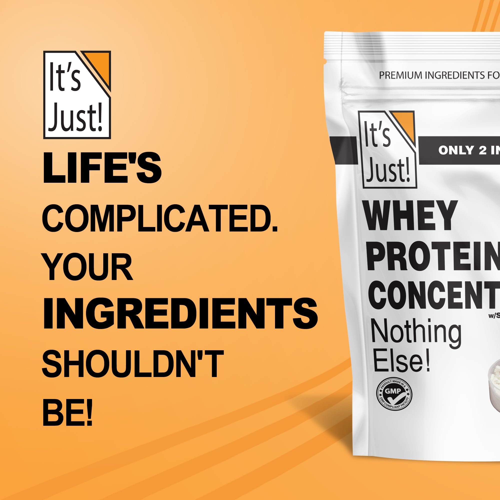 It's Just! whey protein concentrate ingredients panel emphasizes pure undenatured protein.