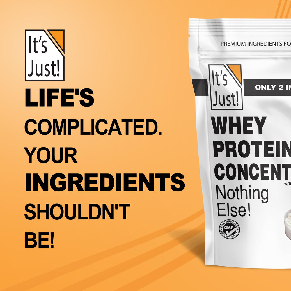 It's Just! whey protein concentrate ingredients panel emphasizes pure undenatured protein.