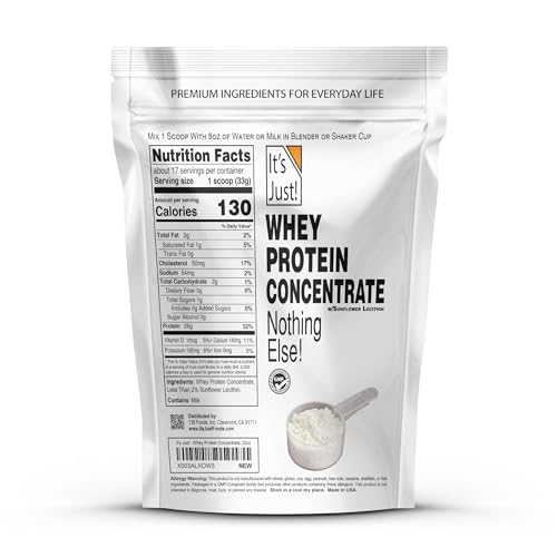 It's Just! whey protein concentrate being poured for a quick shake.