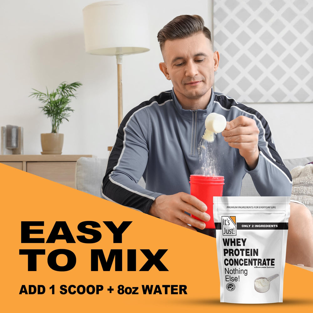 It's Just! whey protein concentrate scoop illustrates precise portion control for workouts.