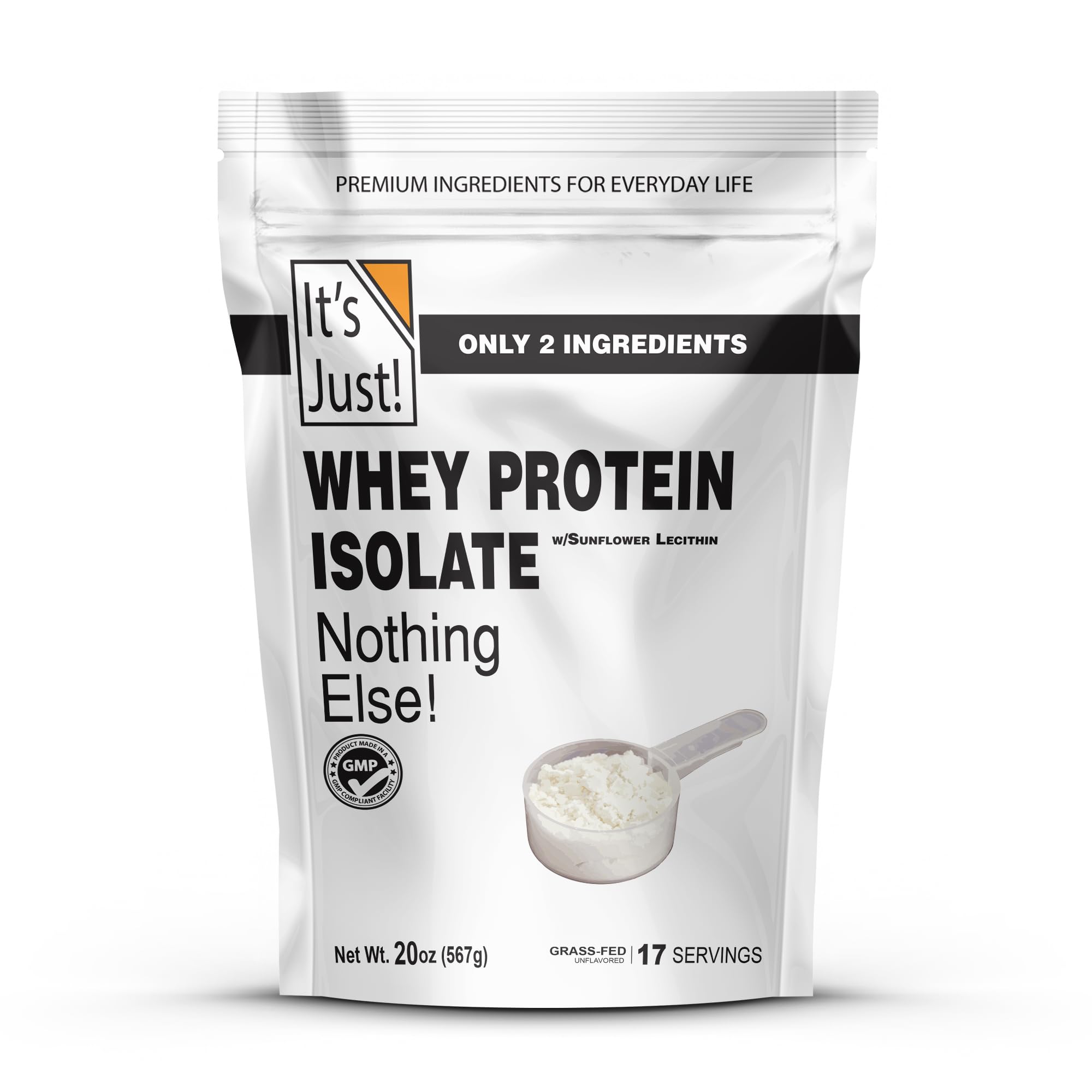 It's Just! Whey Isolate bottle front emphasizes a high-protein source for workouts.