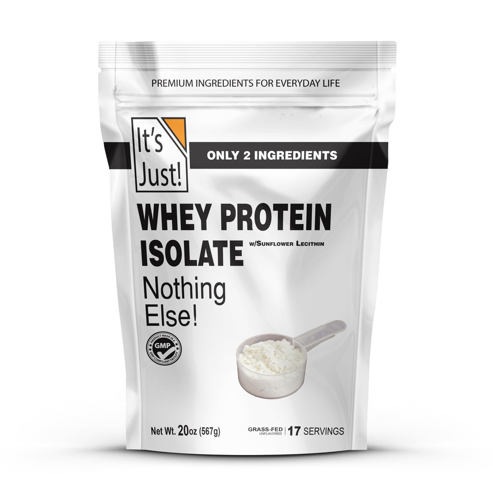It's Just! Whey Isolate bottle front emphasizes a high-protein source for workouts.
