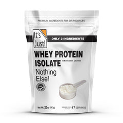 It's Just! Whey Isolate bottle front emphasizes a high-protein source for workouts.
