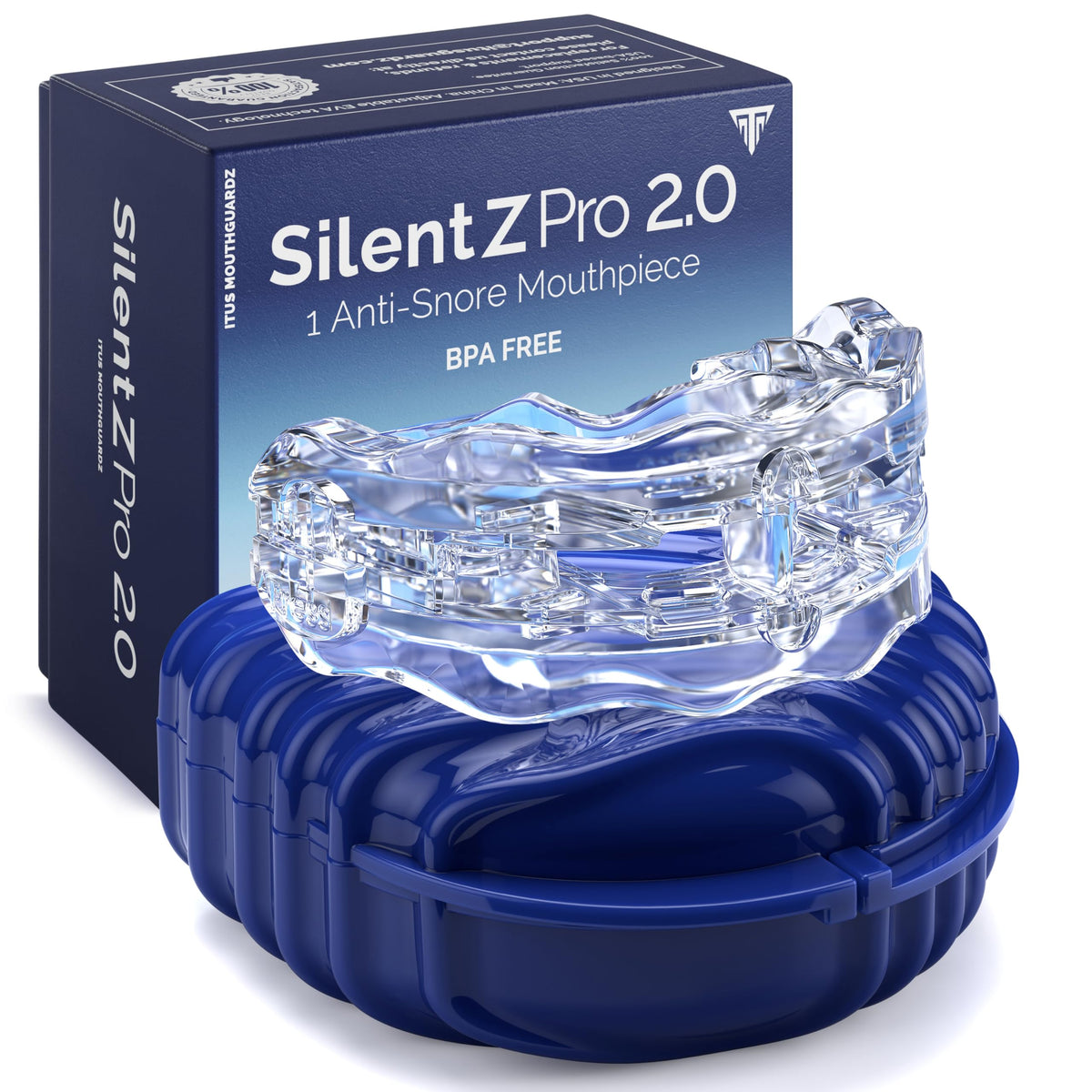 Itus SilentZPro 2.0 front view showing a compact, adjustable anti-snore mouthpiece for comfort.