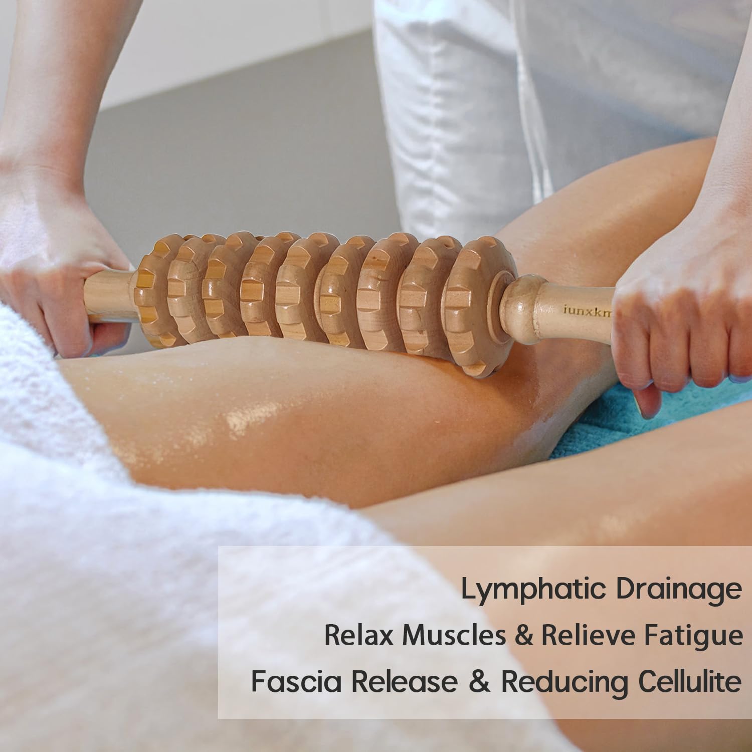 iunxkmi wood therapy roller stick in-use for easy portability