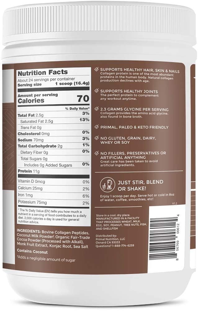 IUSOT Primal Kitchen collagen drink mix in a shaker, chocolate coconut for quick servings.