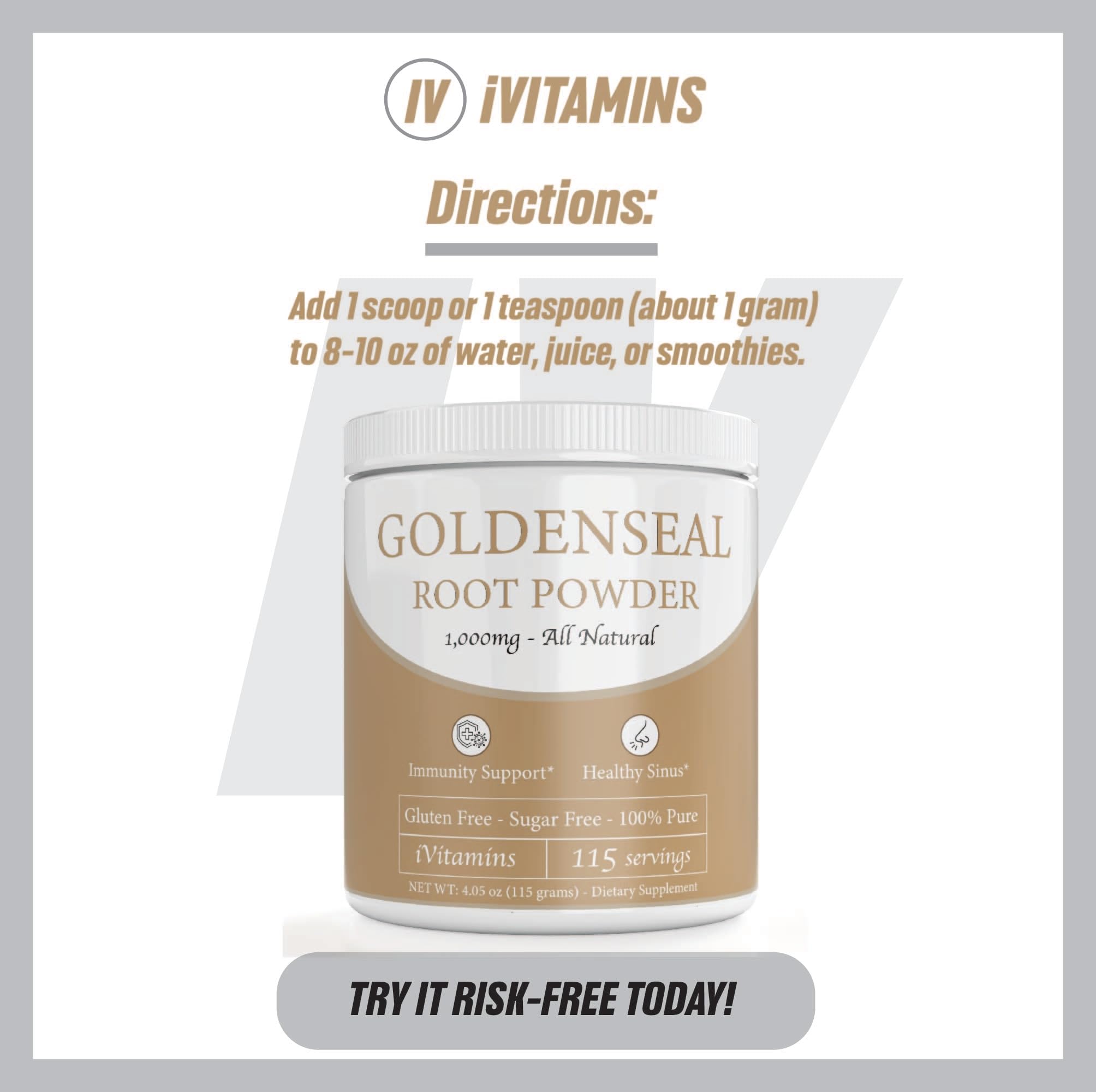 iVitamins Goldenseal Powder bottle on shelf for easy routine usage.