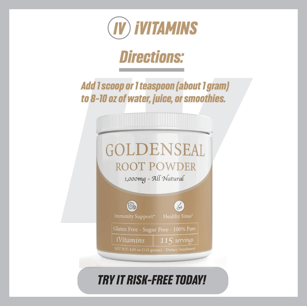 iVitamins Goldenseal Powder bottle on shelf for easy routine usage.