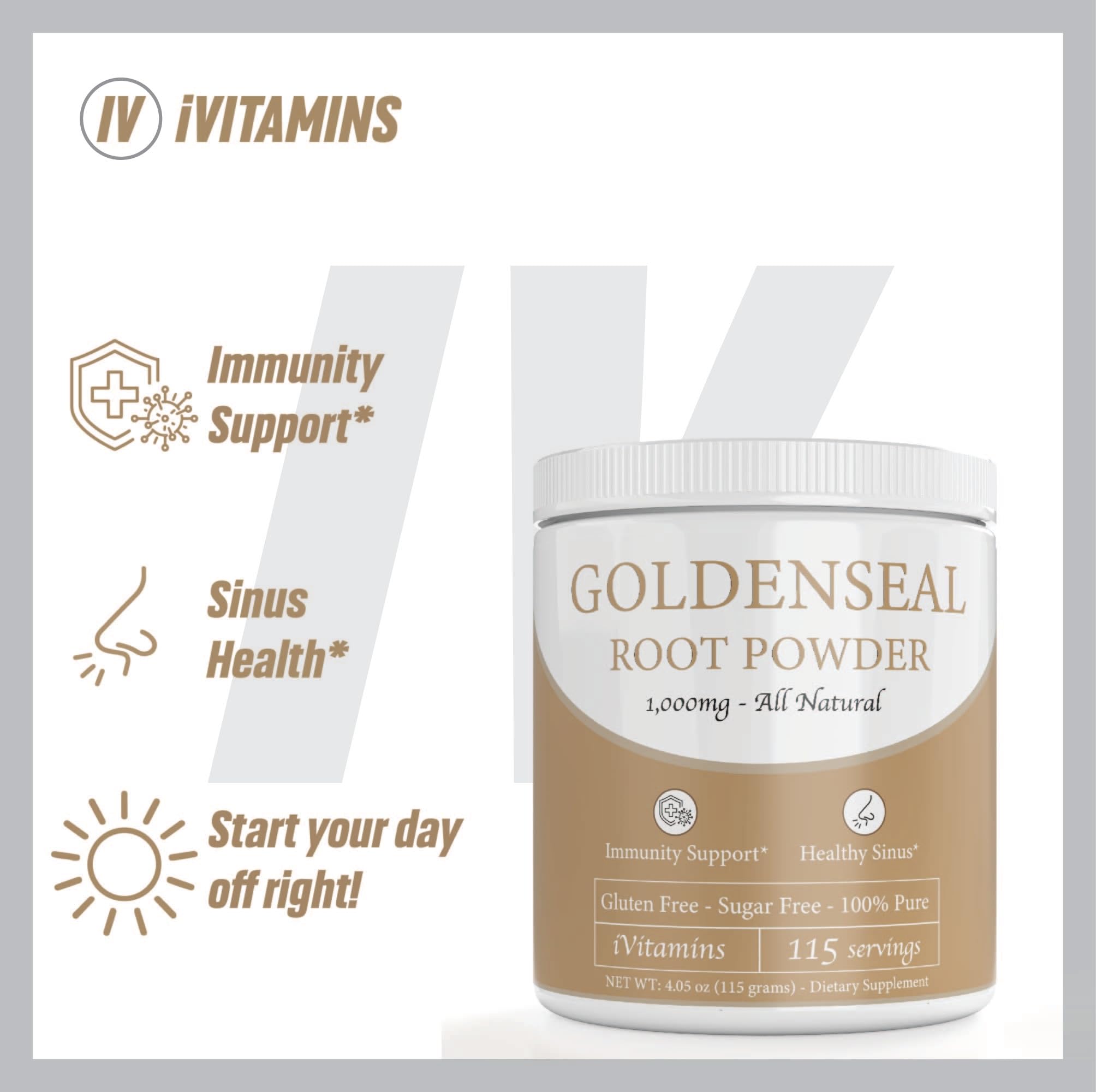 iVitamins Goldenseal Powder close-up texture hints at digestion benefits.