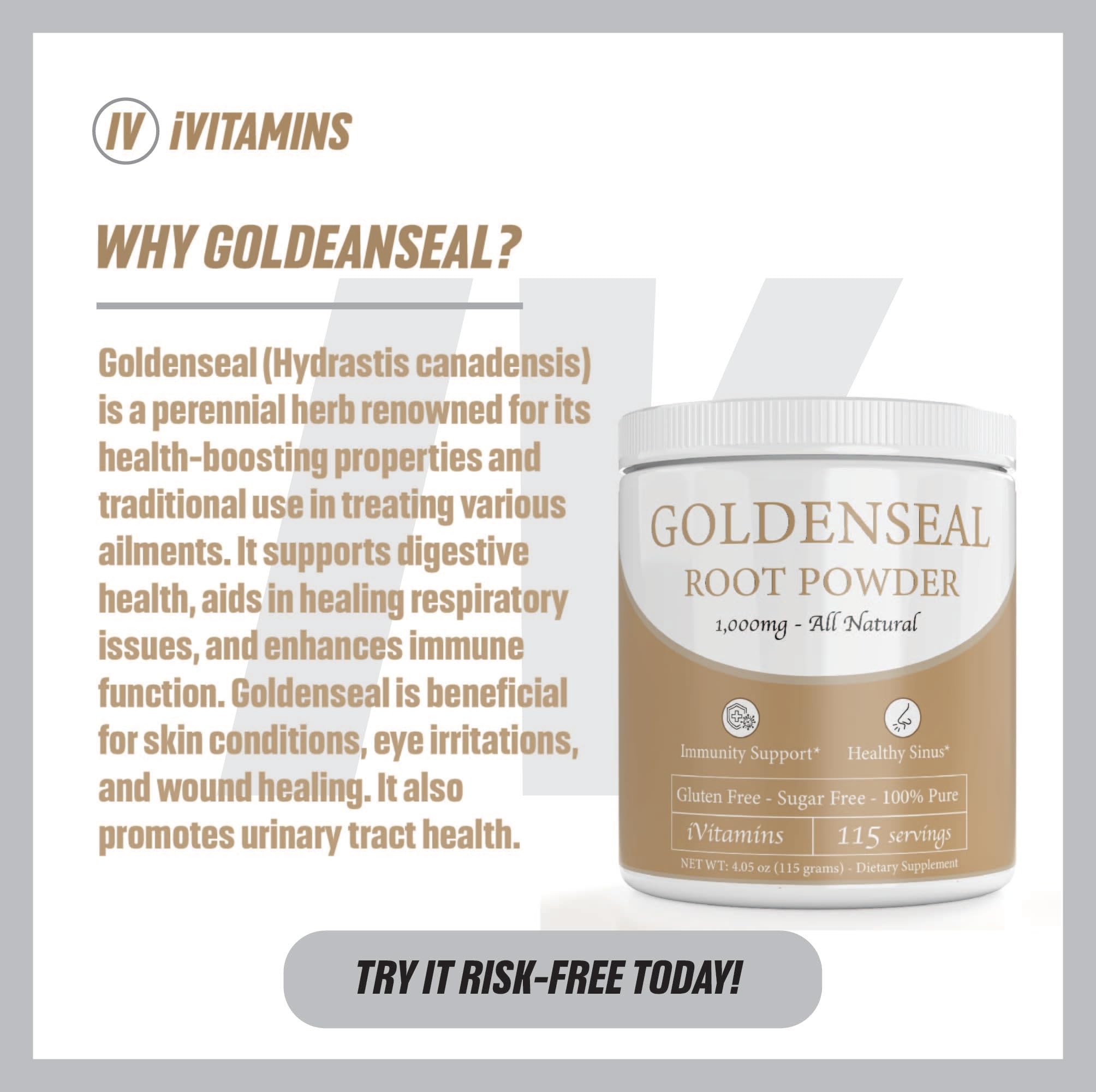 iVitamins Goldenseal Powder packaging on shelf signaling trusted quality.