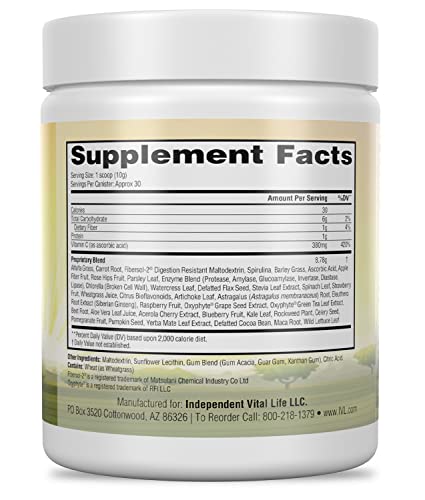 IVL All Day Energy Greens prepared drink in glass highlights quick energy.