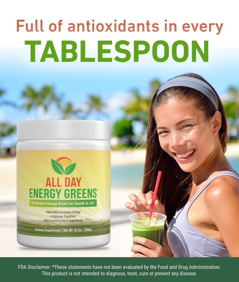 IVL All Day Energy Greens ready-to-mix drink in tall glass.