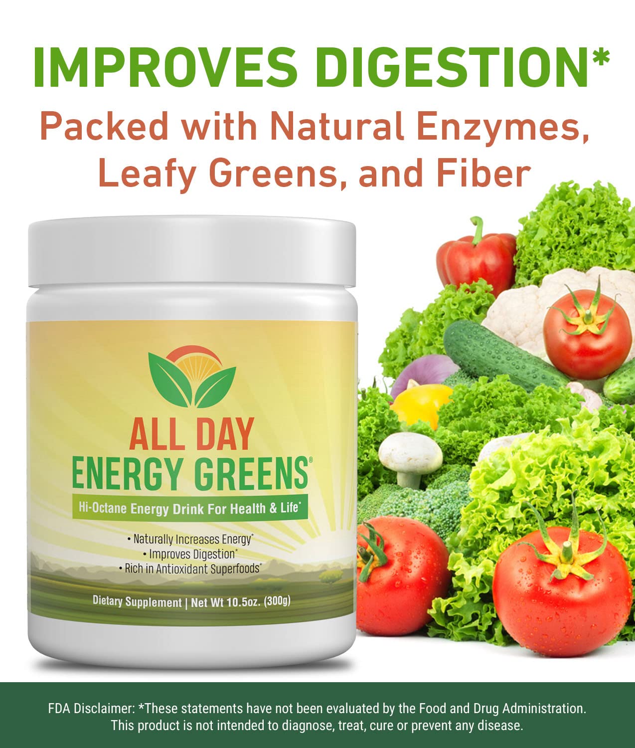 IVL All Day Energy Greens side view of packaging and ingredients.