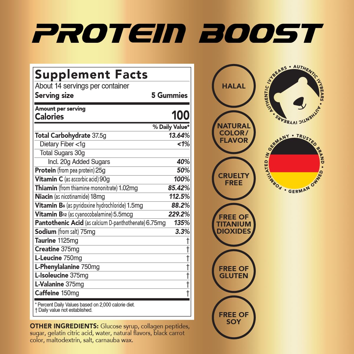 IvyBears Premium Protein Boost Gummies ingredients panel: contains BCAAs and creatine for active lifestyles.