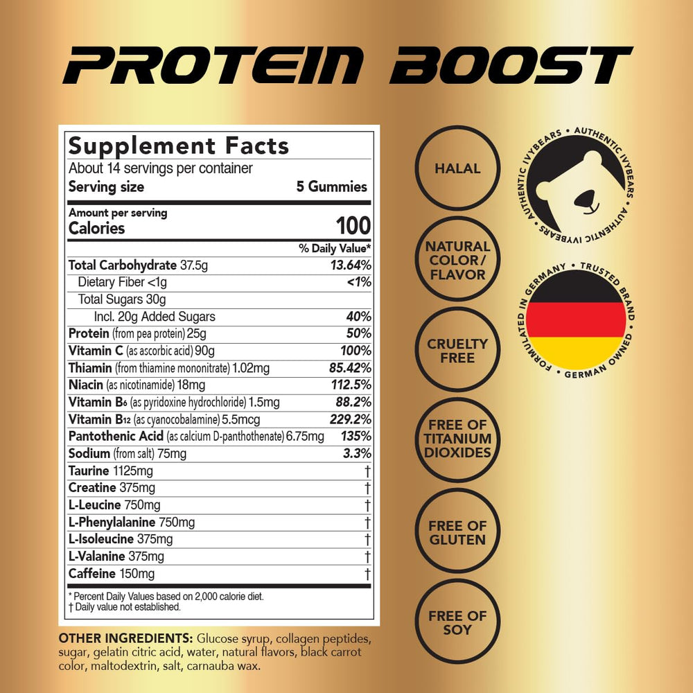 IvyBears Premium Protein Boost Gummies ingredients panel: contains BCAAs and creatine for active lifestyles.