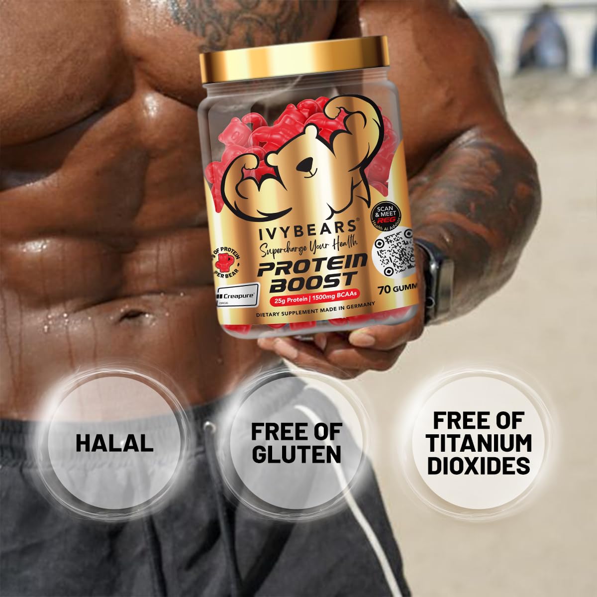 IvyBears Premium Protein Boost Gummies serving idea: tasty, easy to fuel workouts on the go.