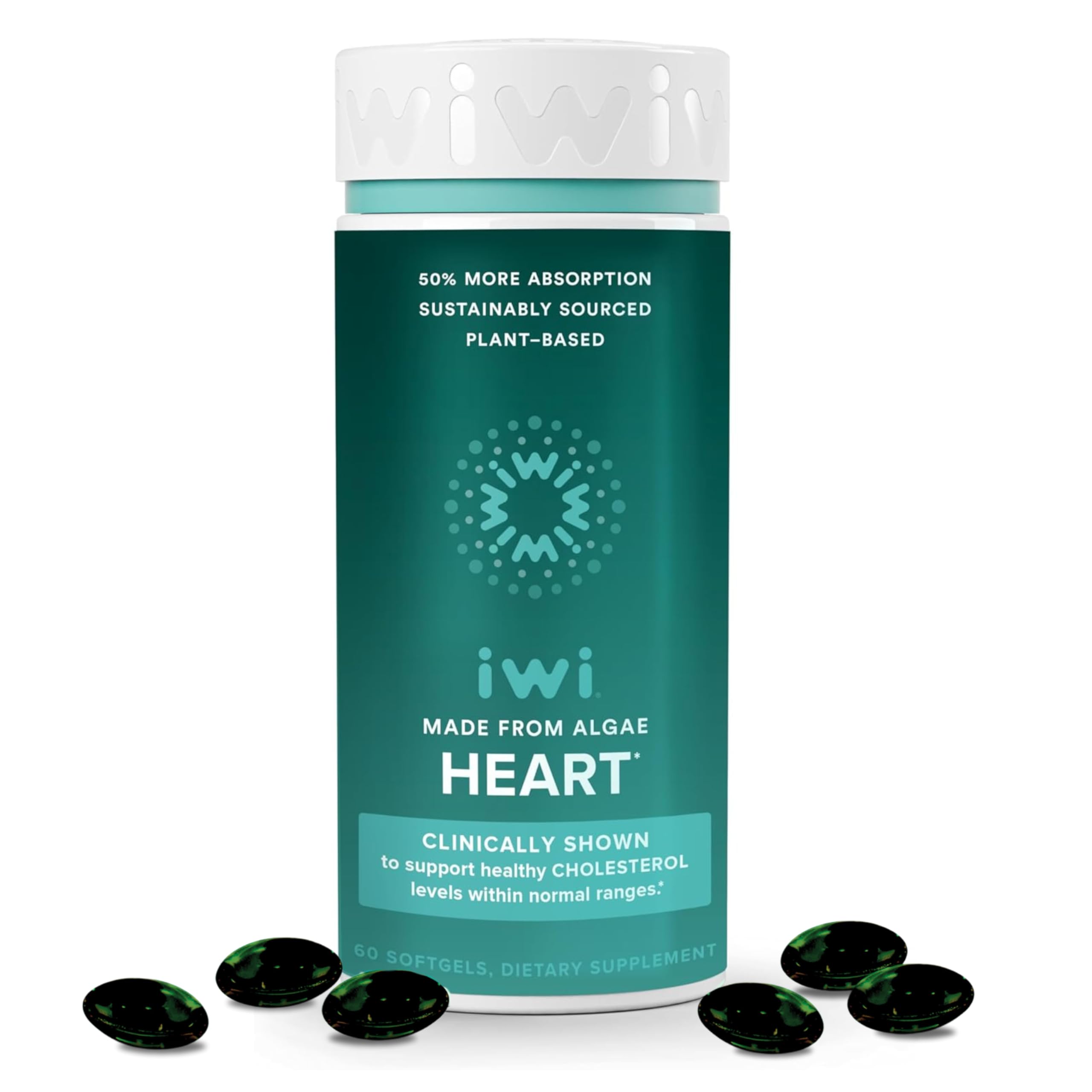 Iwi Life Heart Omega-3 bottle with convenient softgels for daily use.