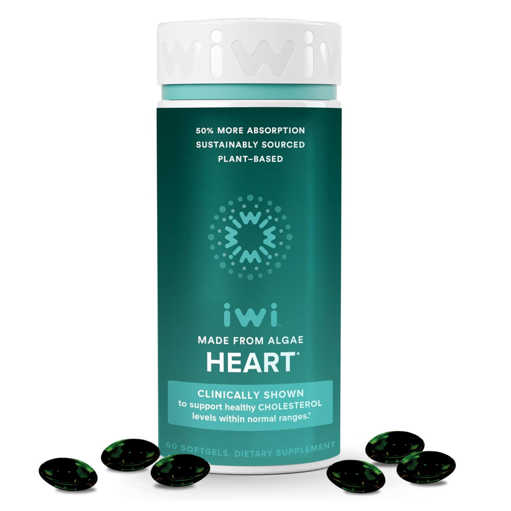 Iwi Life Heart Omega-3 bottle with convenient softgels for daily use.