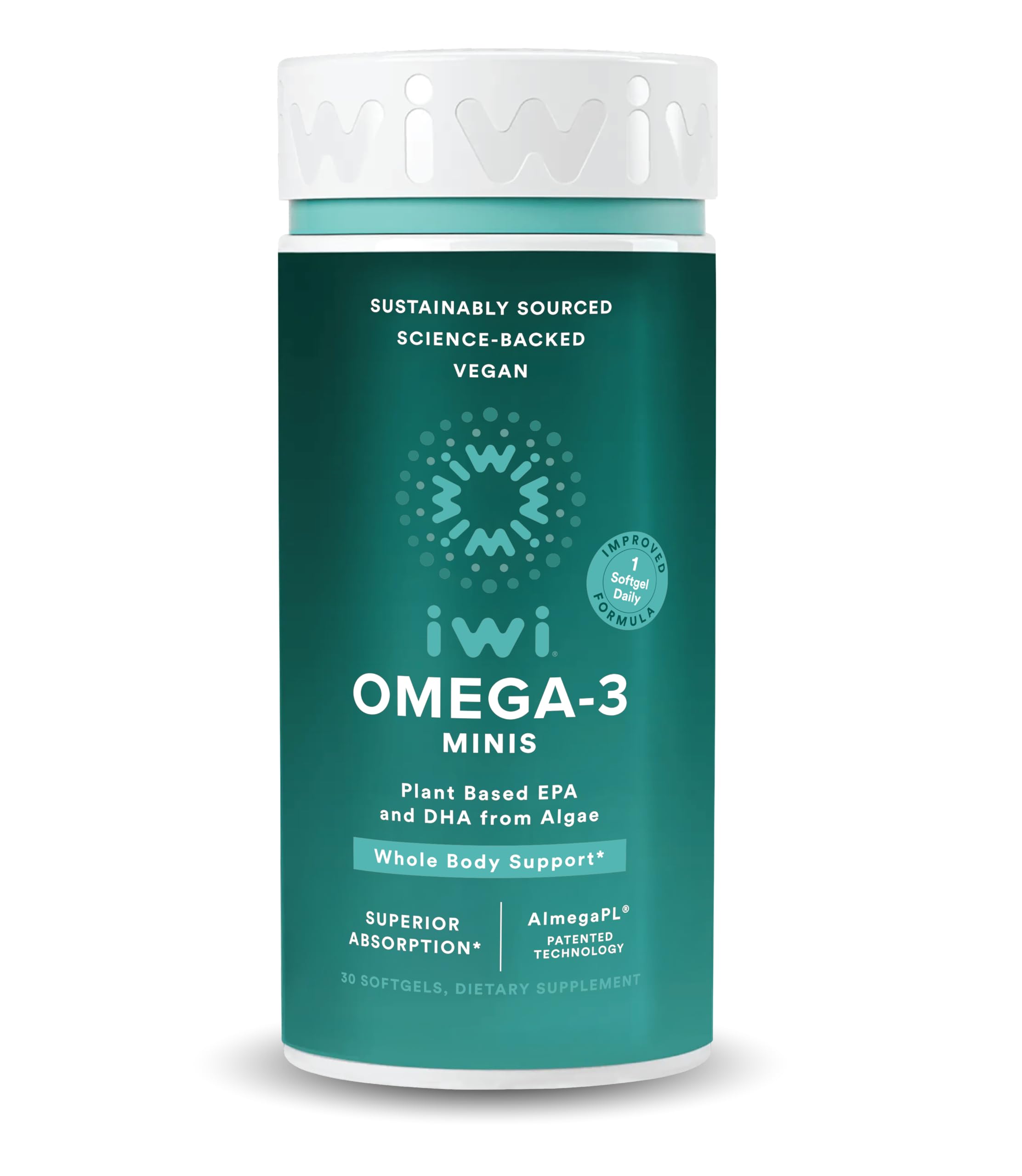 Iwi Omega-3 mini softgels bottle front highlighting plant-based EPA and DHA