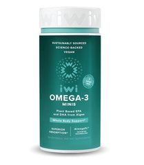 Iwi Omega-3 mini softgels bottle front highlighting plant-based EPA and DHA