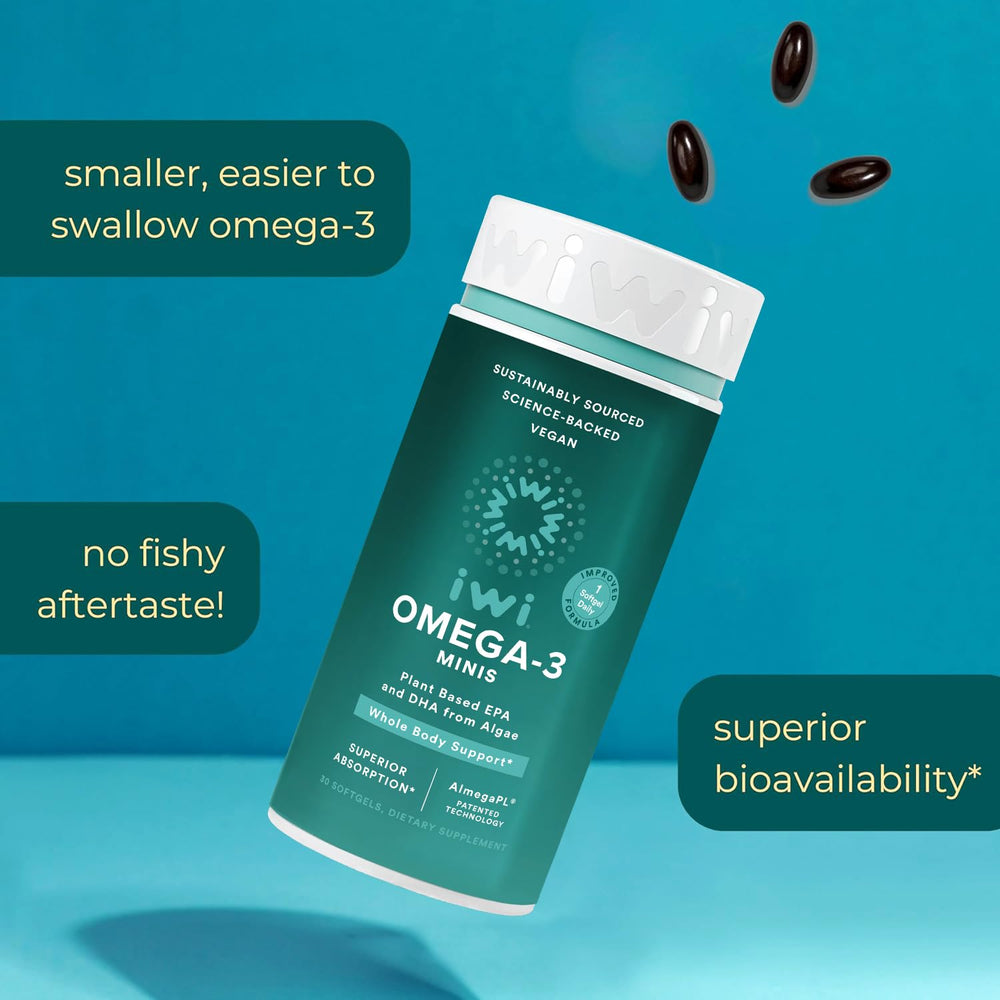 Iwi Omega-3 mini softgels capsules up close showing small, easy-to-swallow form