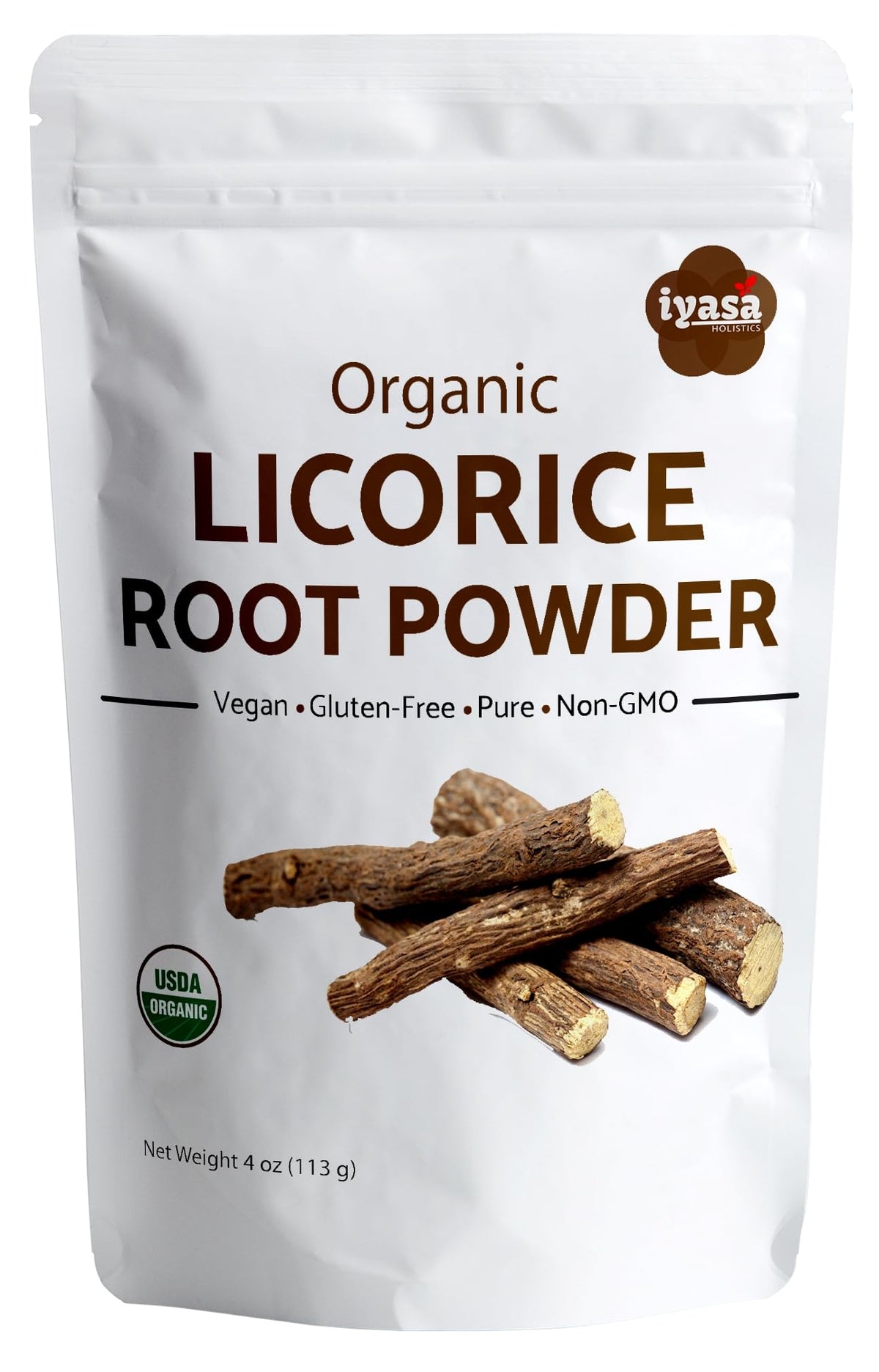 Iyasa Holistics Licorice Root Powder packaging highlights organic certification and freshness.
