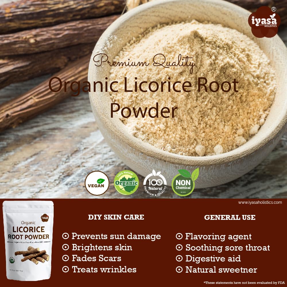 Iyasa Holistics Licorice Root Powder beige powder ready to mix into beverages.