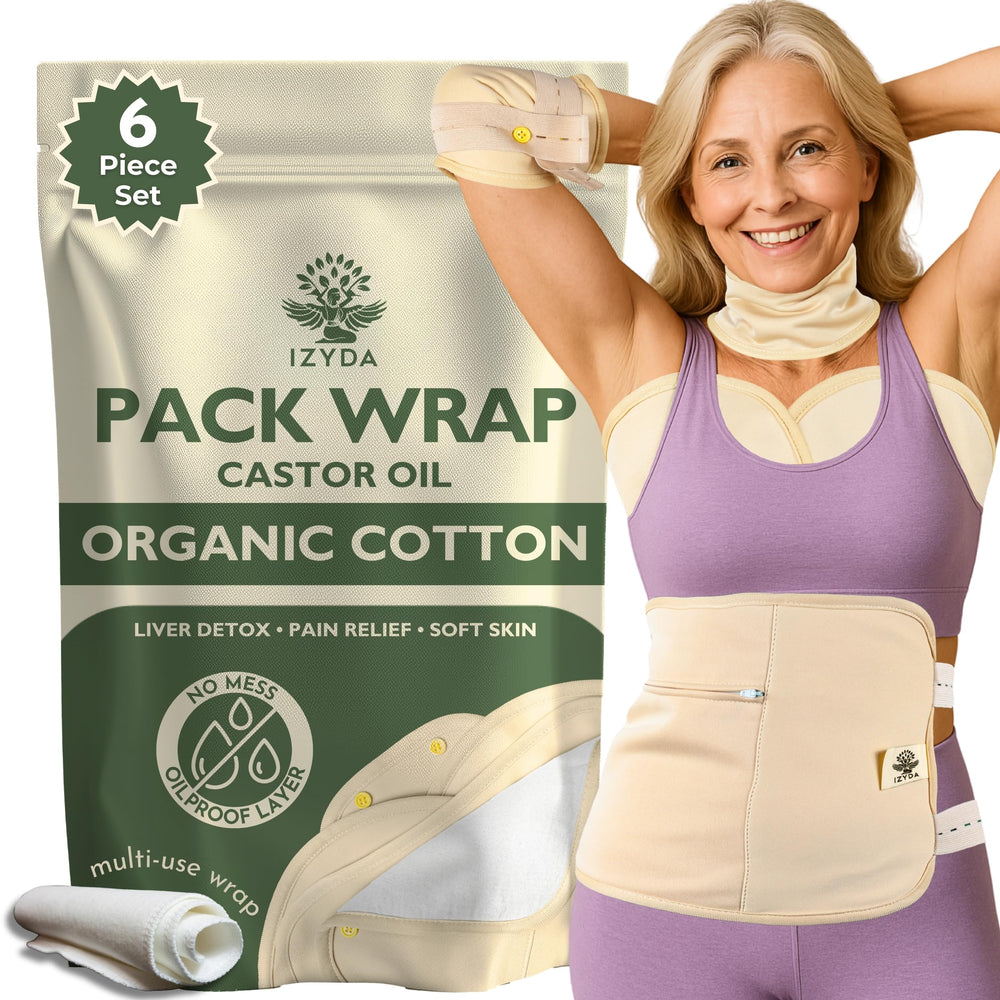 Izyda castor oil stomach wrap offers comfortable, leak-free fit for external care.